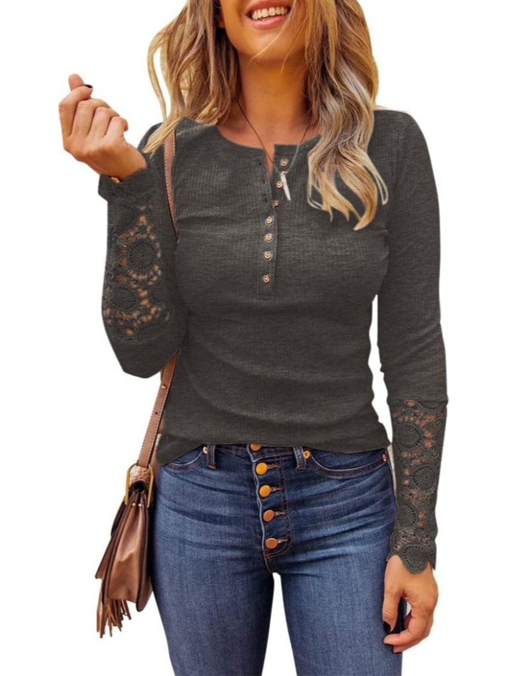 Women's Long Sleeve Lace Trim Tunic Tops Button Down Casual Blouse Cute Crew Nec